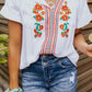 Short Sleeve V Neck Floral Embroidered Blouse