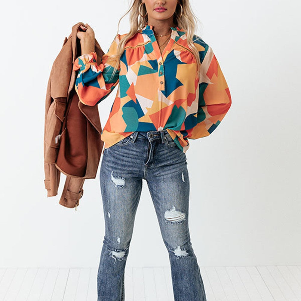 Geometric Patchwork Print Half Buttoned Blouse