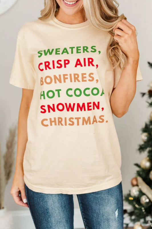 Khaki Chrisrtmas Vibe Letters Print T-shirt