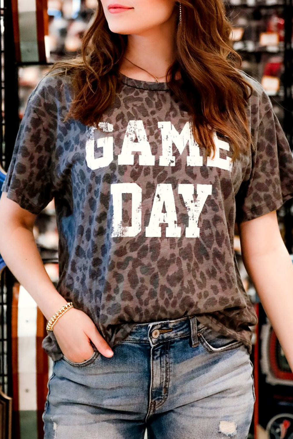 Gray GAME DAY Leopard Print Short Sleeve T Shirt