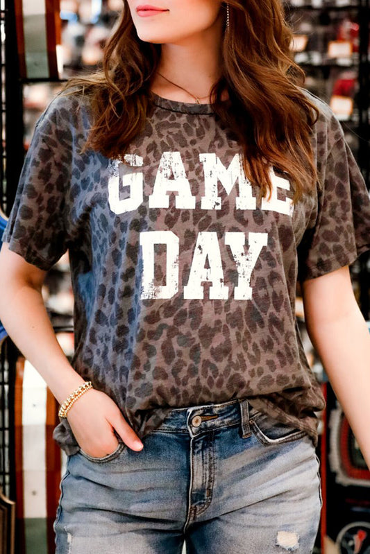 Gray GAME DAY Leopard Print Short Sleeve T Shirt