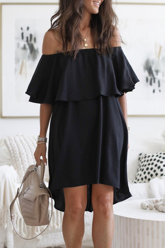 Black Off The Shoulder Ruffle Casual Shift Dress