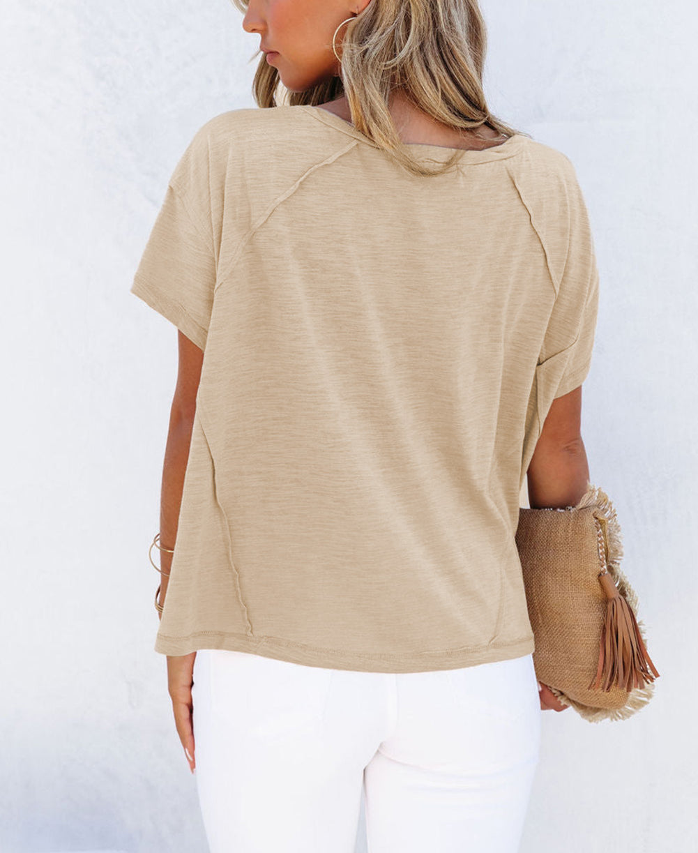 Apricot Solid Patched Side Slit T Shirt