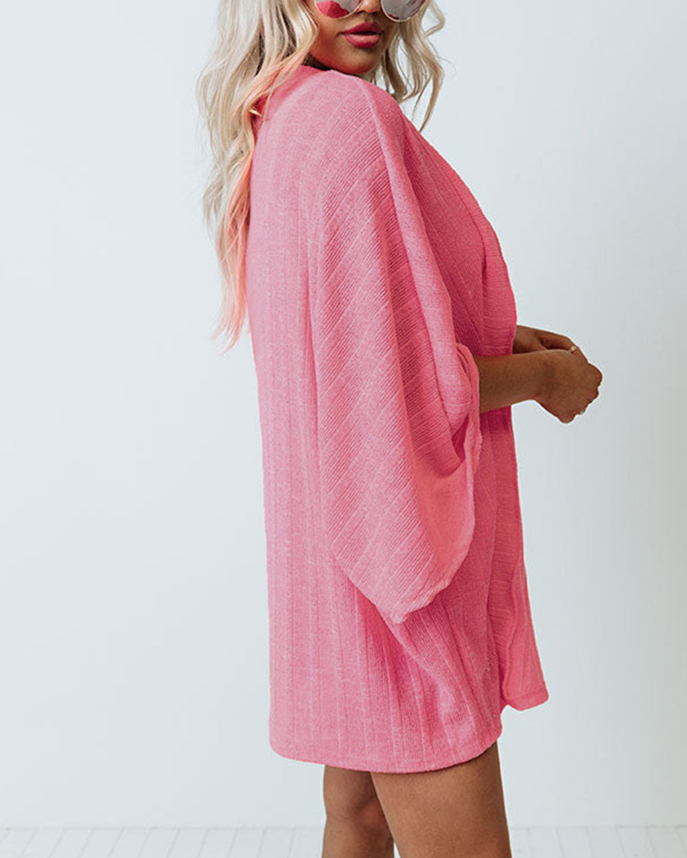 Pink Open Front Kimono Sleeves Knit Cardigan