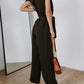 Black V Neck Pocketed Tie Waist Wide Leg Jumpsuit