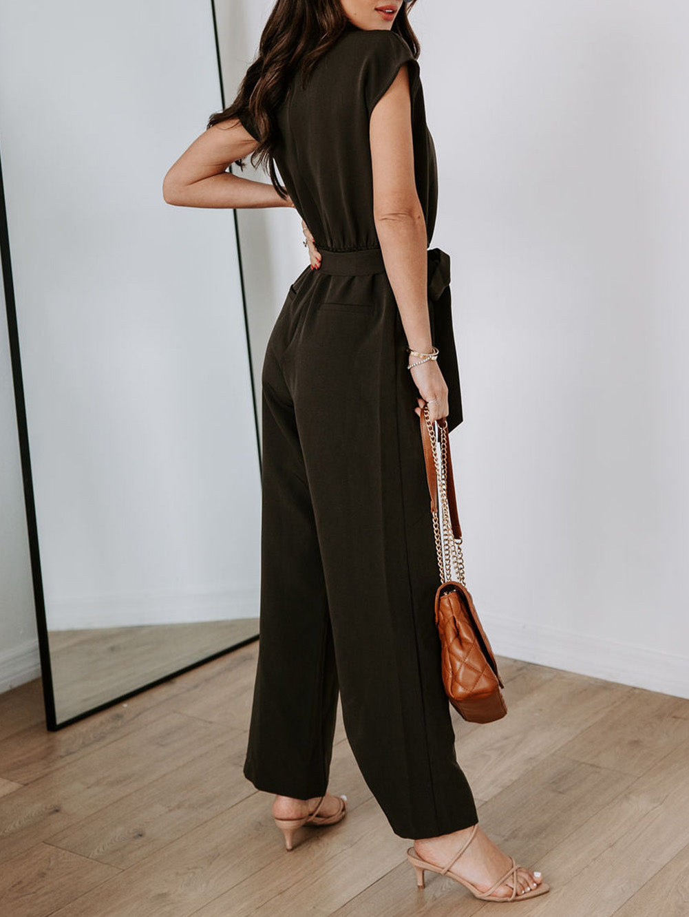 Black V Neck Pocketed Tie Waist Wide Leg Jumpsuit