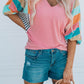 Pink Stripe Color Block Bubble Sleeve Top