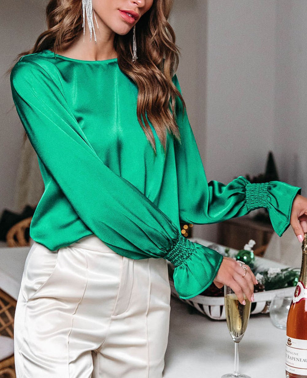 Green Satin Puff Sleeves Blouse