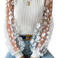 White Floral Applique Mesh Sleeves Textured Knit Blouse