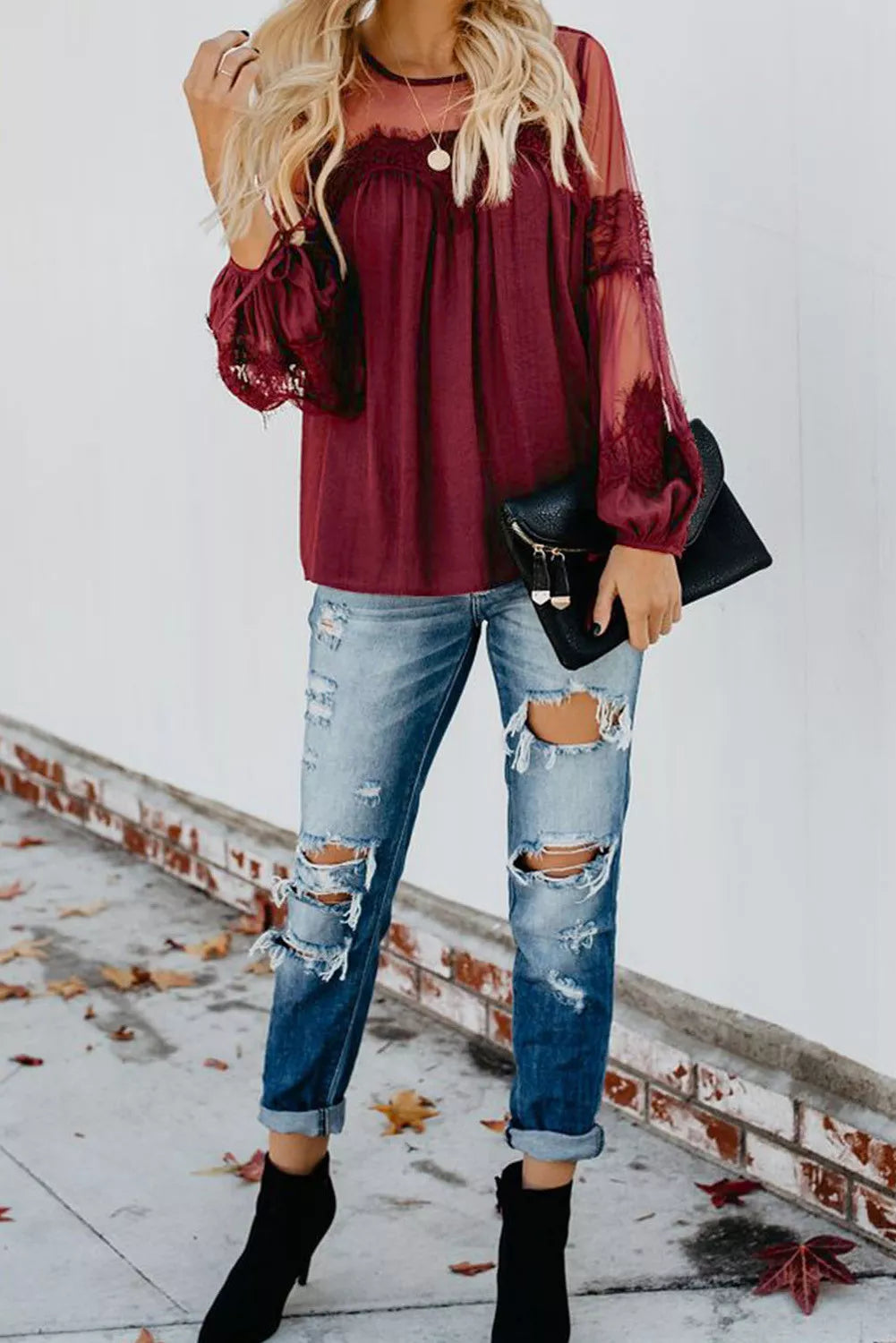 Fashion Lantern-Sleeve Lace Patchwork Top