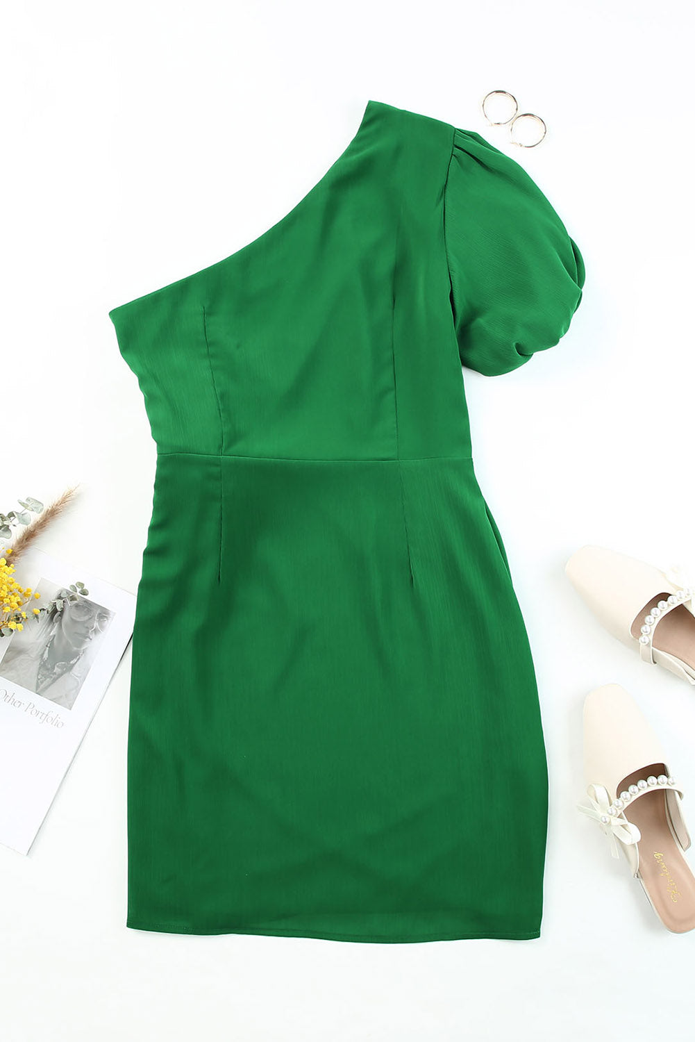 Green Asymmetric Bubble Sleeve Twist Knot Wrap Dress
