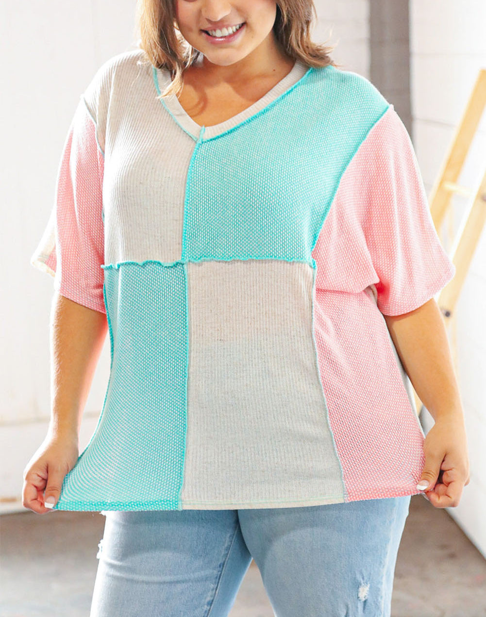 Sky Blue Plus Size Color Block Outseam Knit Top
