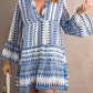 Blue Geometric Print V neck Flare Half Sleeve Ruffle Swing Mini Dress