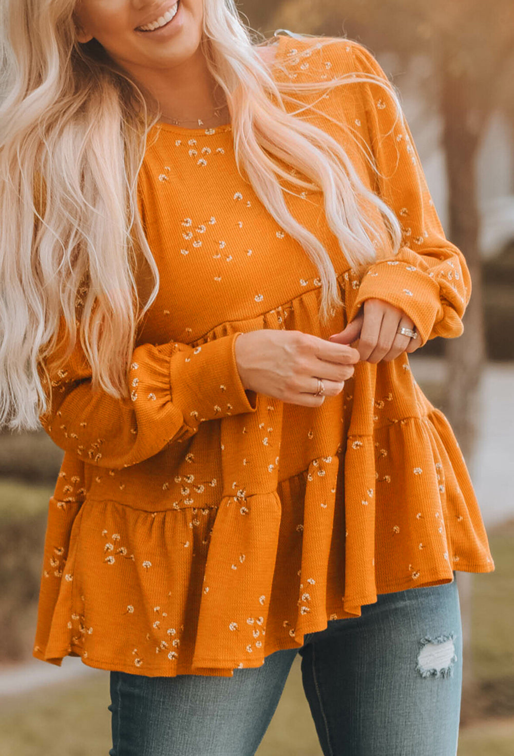 Floral Print Ruffle Long Sleeve Tunic Top