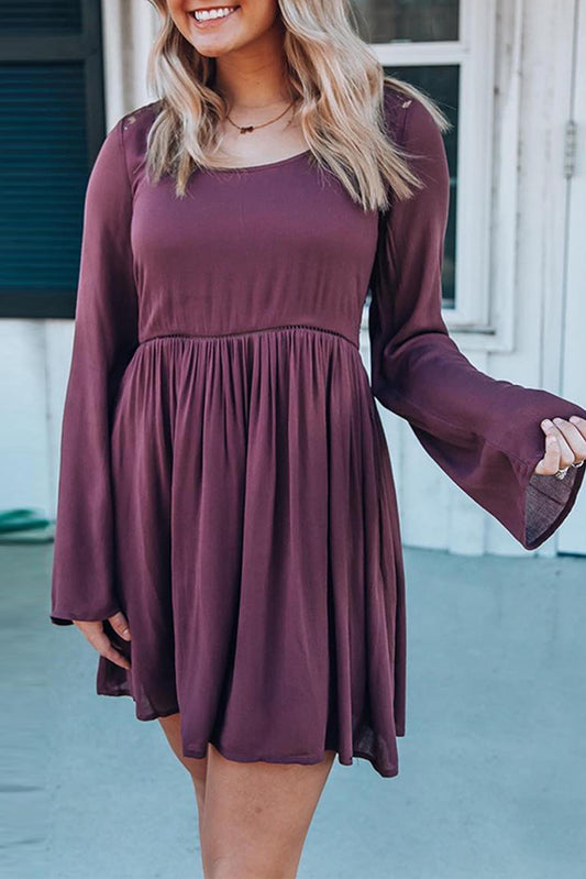 Purple Buttoned Sheer Lace Back Long Sleeve Dress