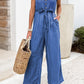 Buttoned Wide Leg Belted Chambray Strappy Jumpsuit