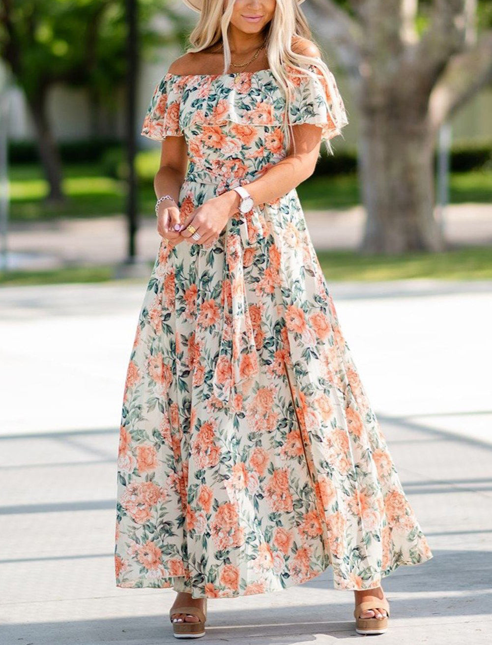 Off-shoulder Floral Ruffle Maxi Dress