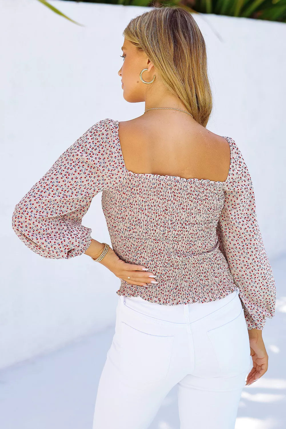 Square Neck Puff Sleeve Floral Smocked Top
