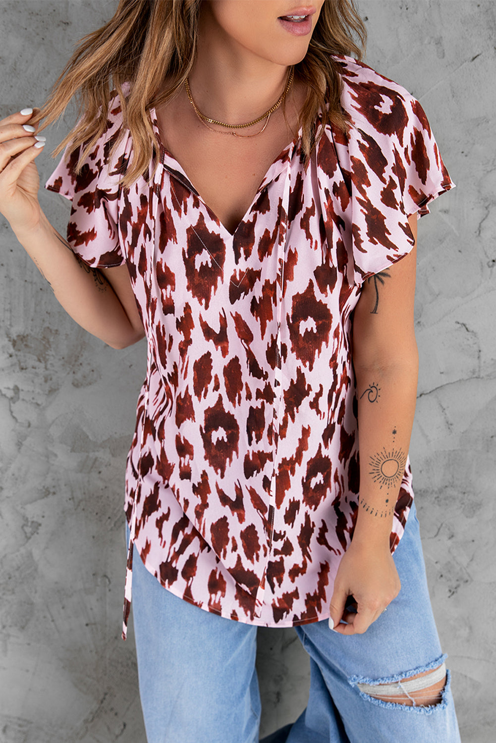 Leopard Print Flounce Drawstring Short Sleeve T-shirt
