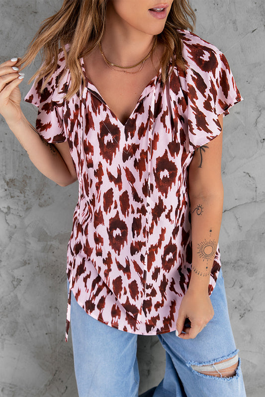 Leopard Print Flounce Drawstring Short Sleeve T-shirt