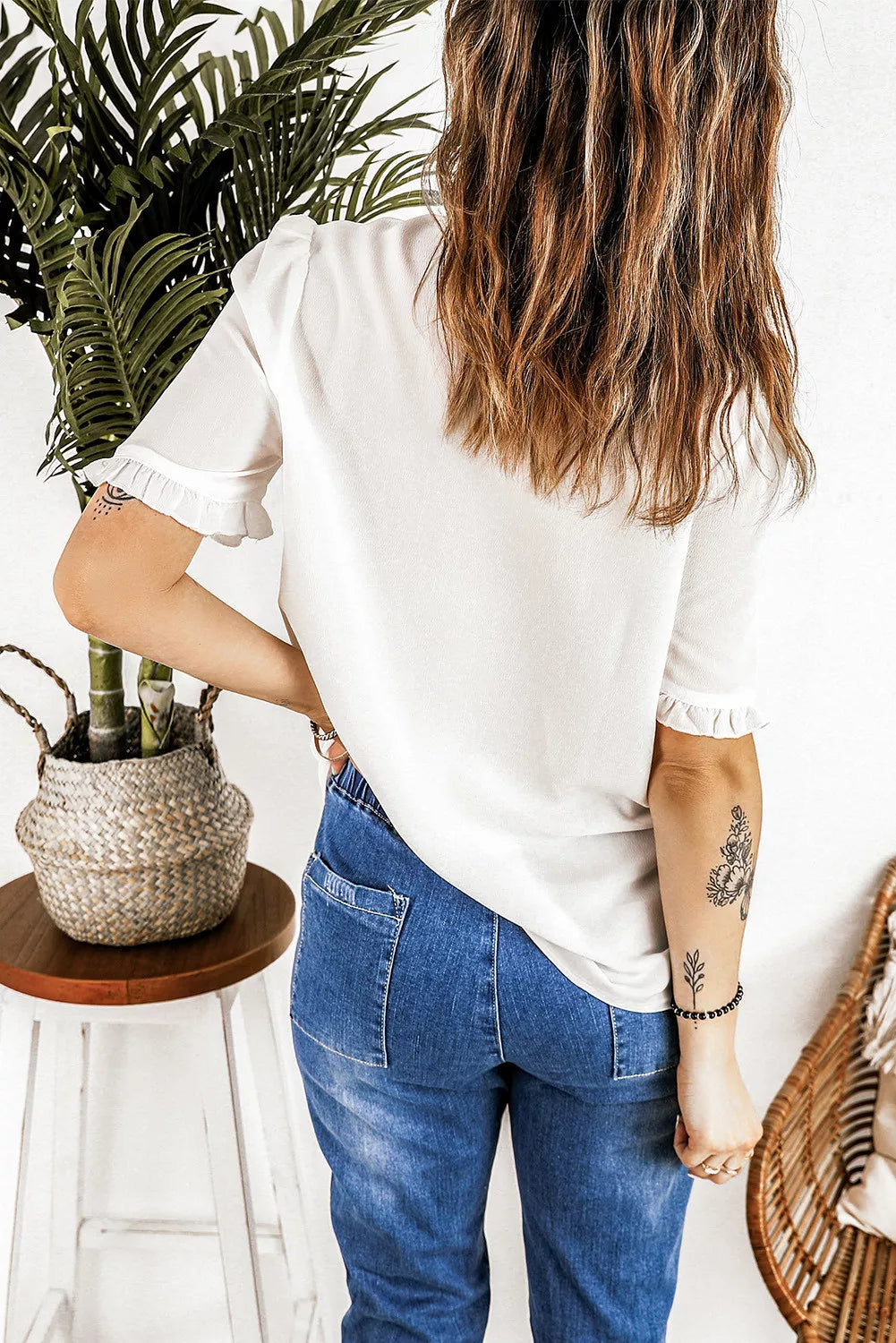 Frilled Hollow-out Short Sleeve Shirt