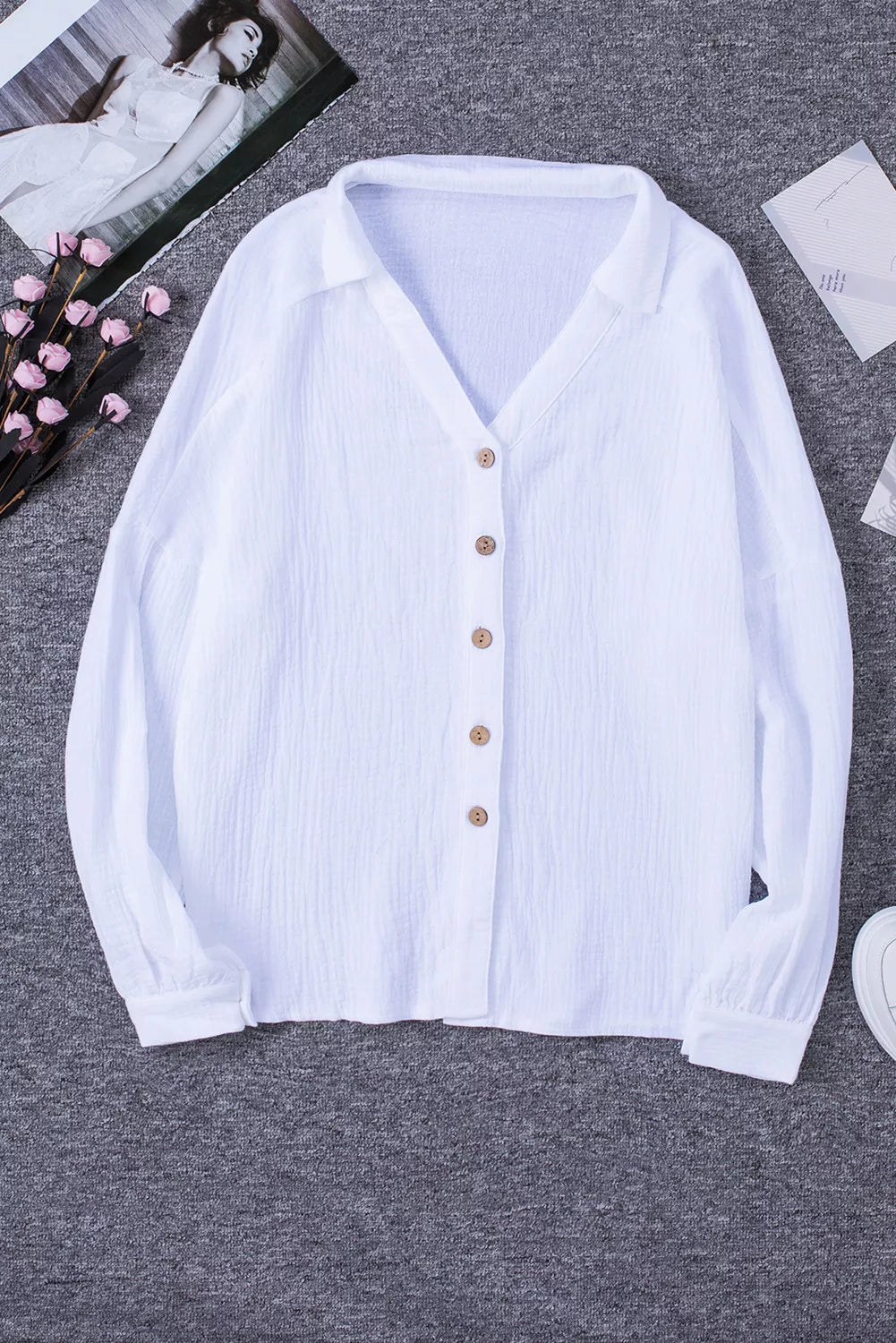 Turn-down Collar V Neck Crinkled Cuffed Shirt