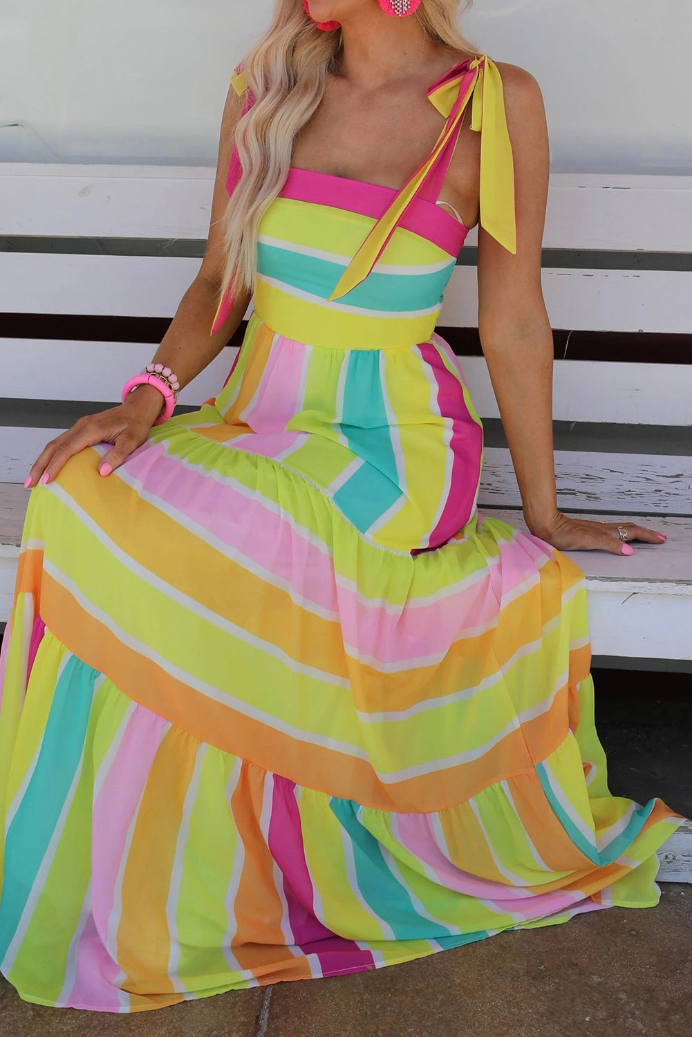 Color Block Striped Bow Knot Straps Maxi Dress