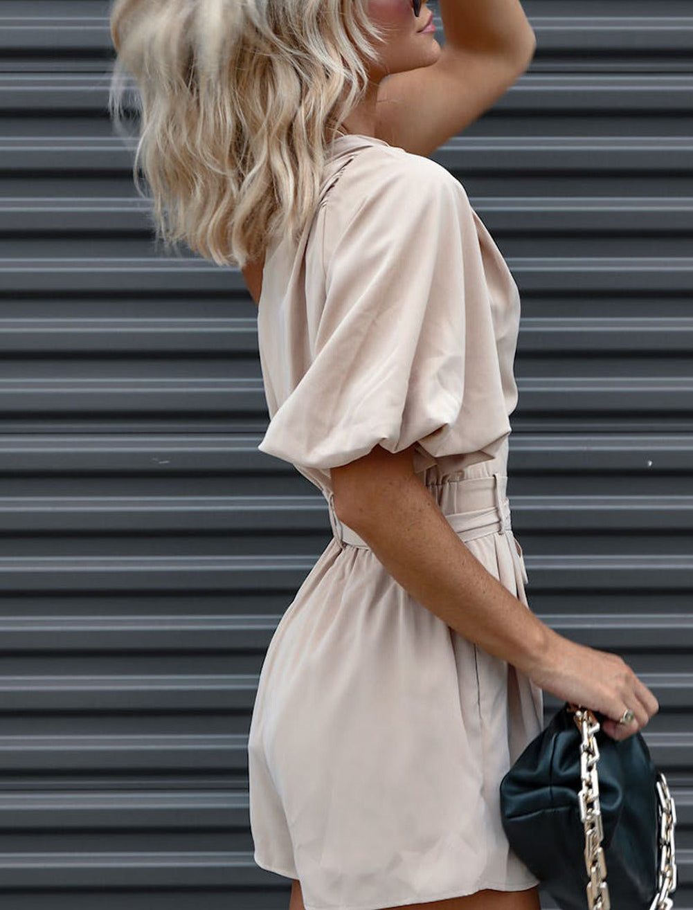 White One Shoulder Puff Sleeve Front Tie Romper