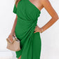 Green Asymmetric Bubble Sleeve Twist Knot Wrap Dress