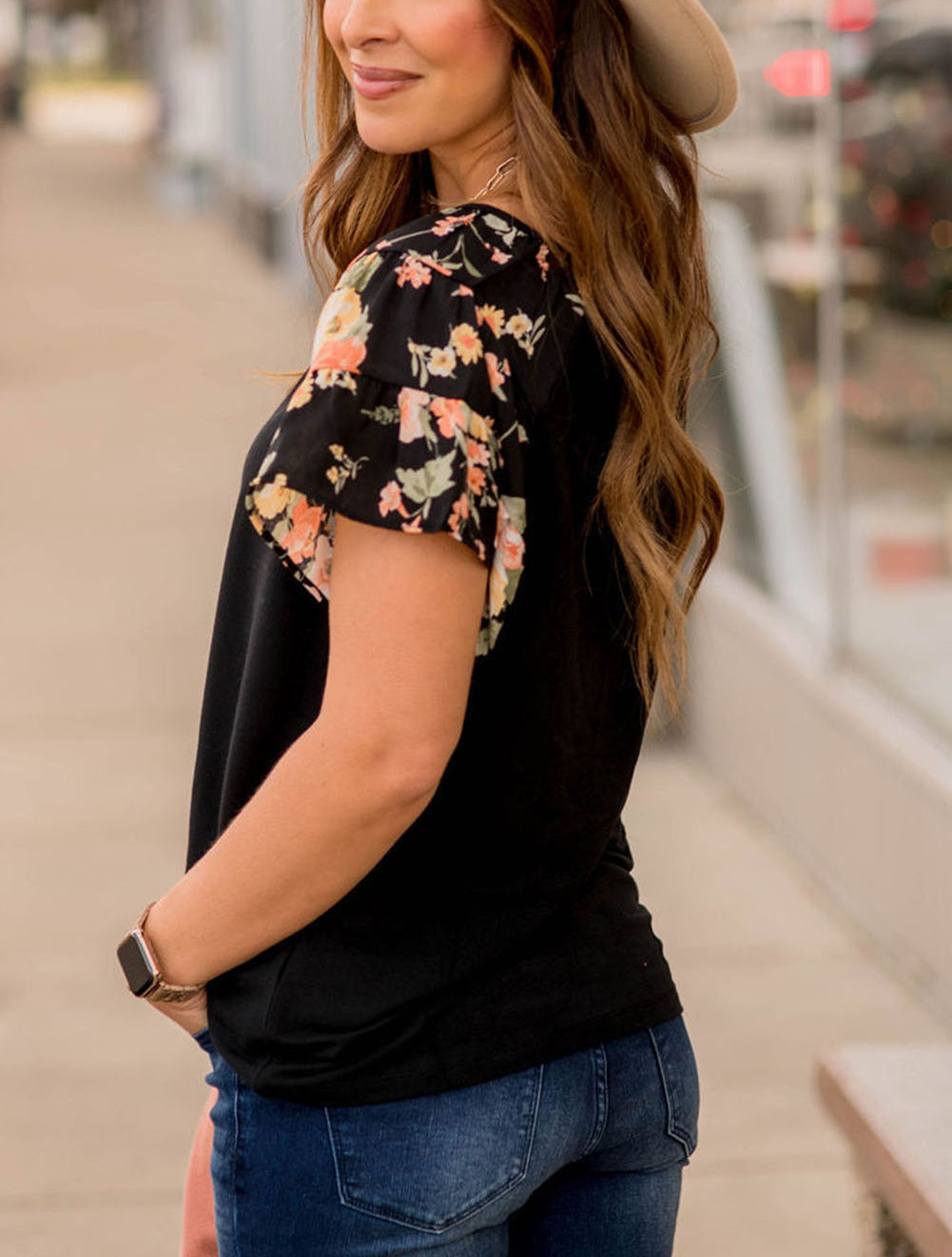 Black Floral Tiered Short Sleeve T Shirt