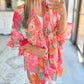 Pink Floral Print Ruffled 3/4 Sleeve Loose Fit Kimono