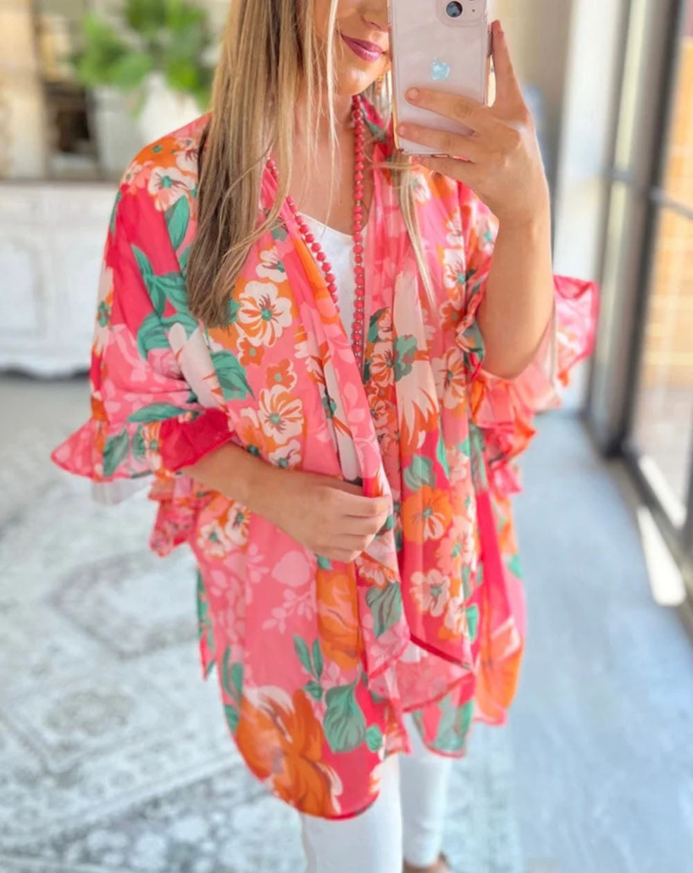 Pink Floral Print Ruffled 3/4 Sleeve Loose Fit Kimono