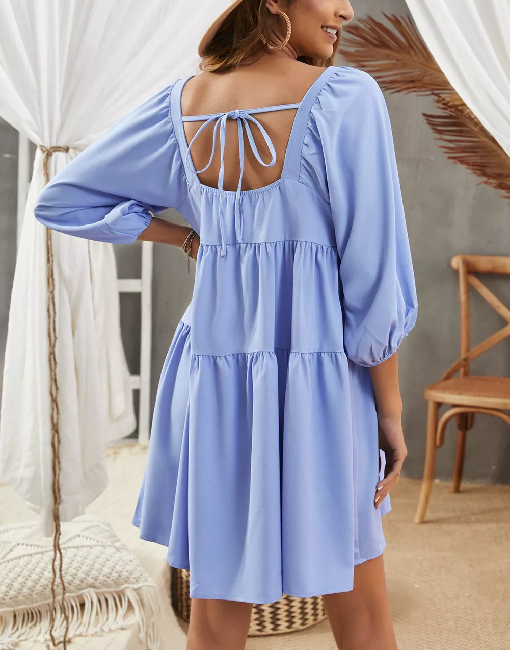 Square Neck Half Sleeve High Low Mini Dress