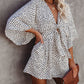 White Tie Front Deep V Neck Bat Sleeve Romper