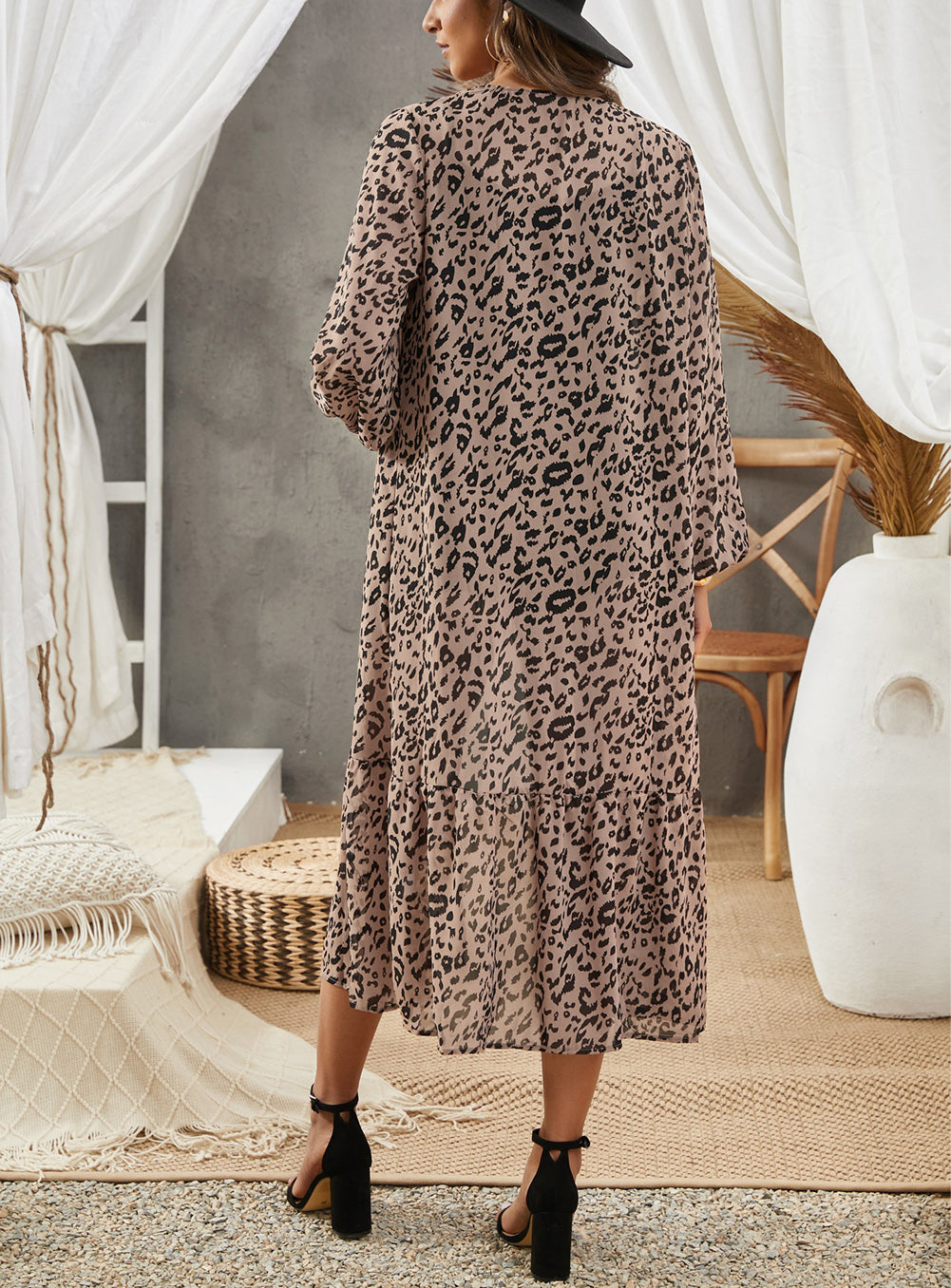 Print Ruffled Open Front Long Cover-up