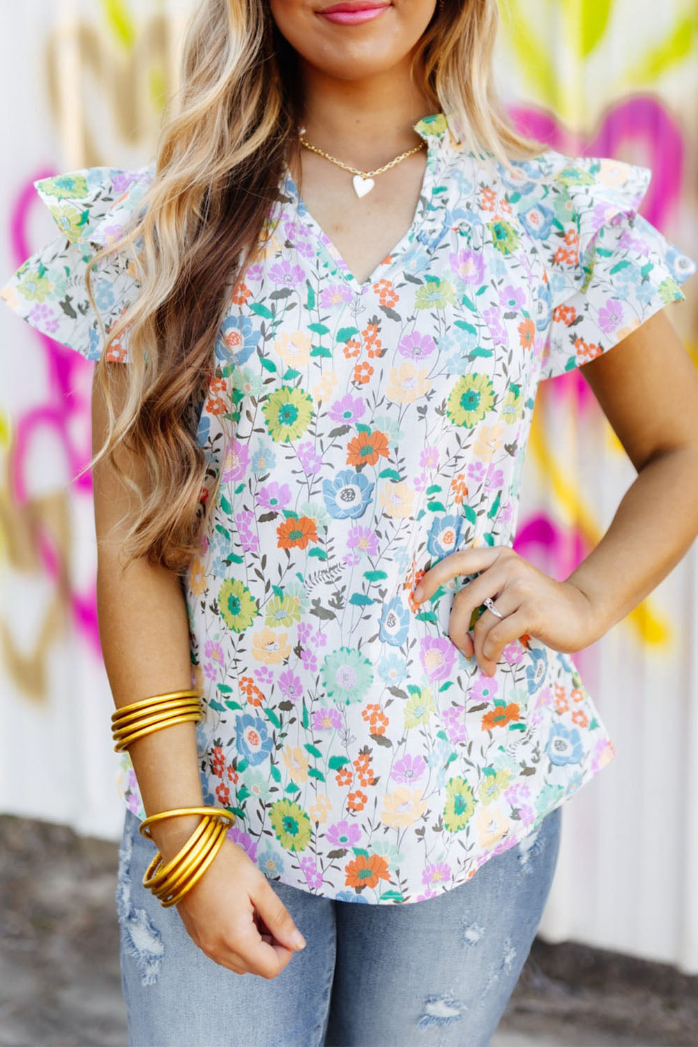 White Floral Print Ruffle Tiered Sleeves Blouse