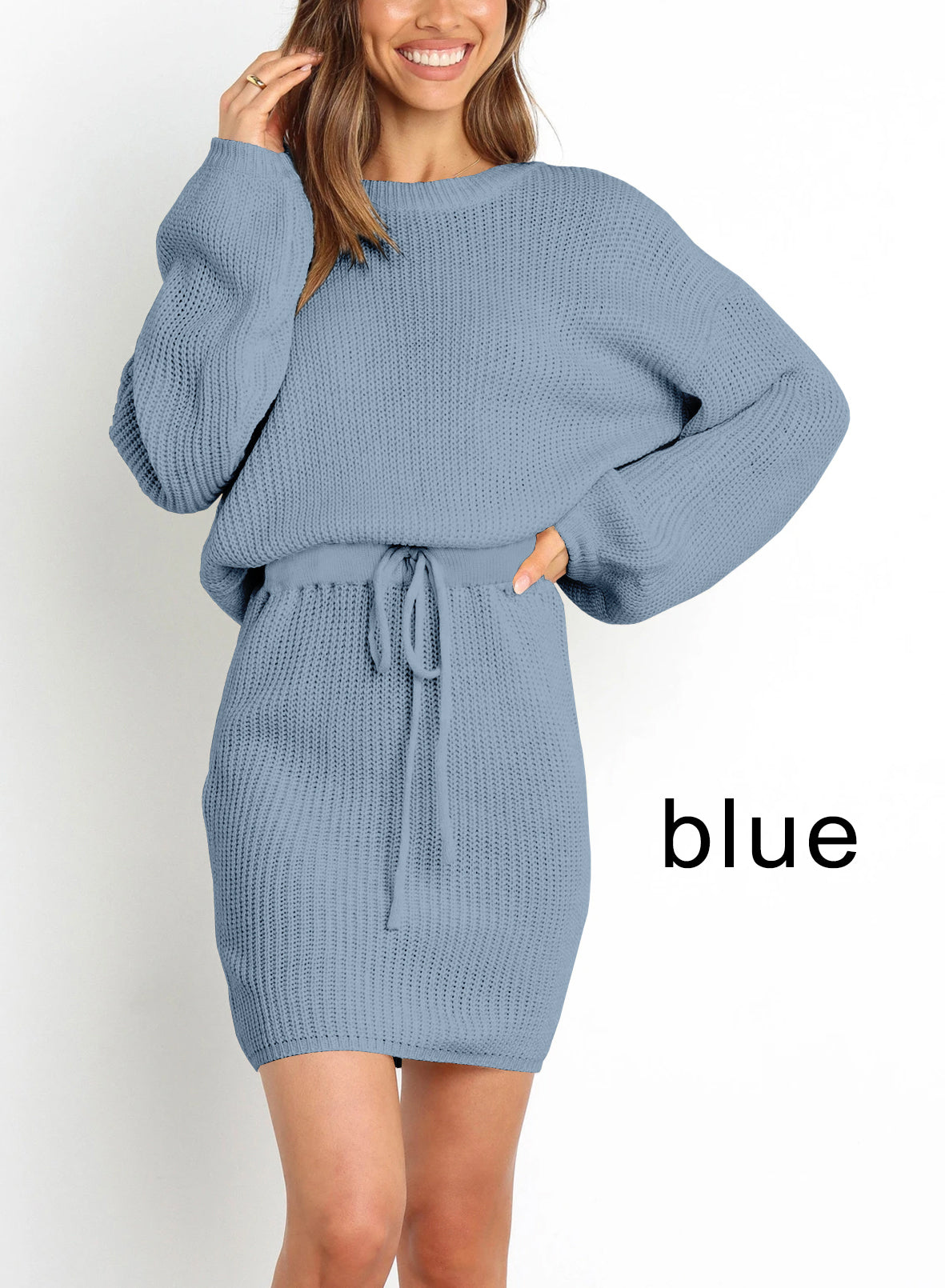 Balloon Sleeve Knit Dress Short Skirt