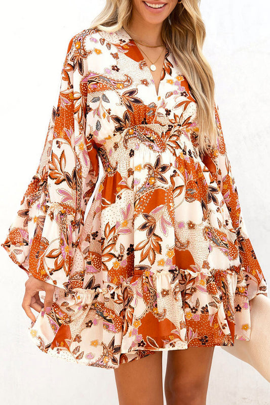 High Waist Bell Sleeve Ruffled Floral Mini Dress