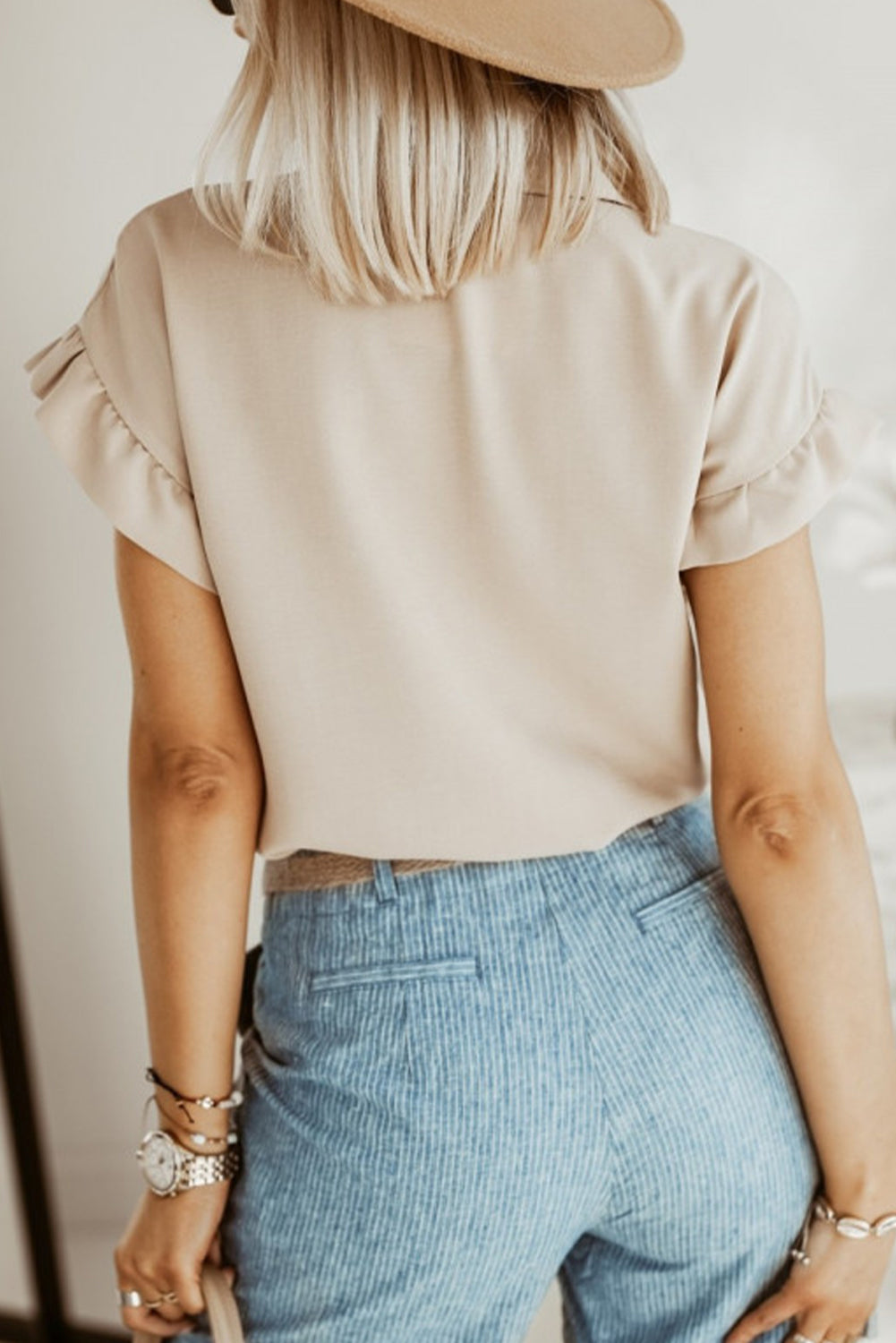 Khaki Ruffle Short Sleeve Button Up Shirt