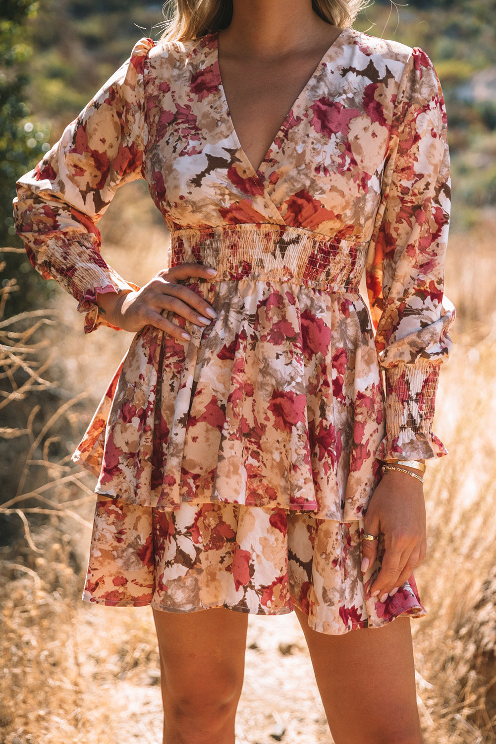 Floral Print V Neck Wrap Tiered Dress