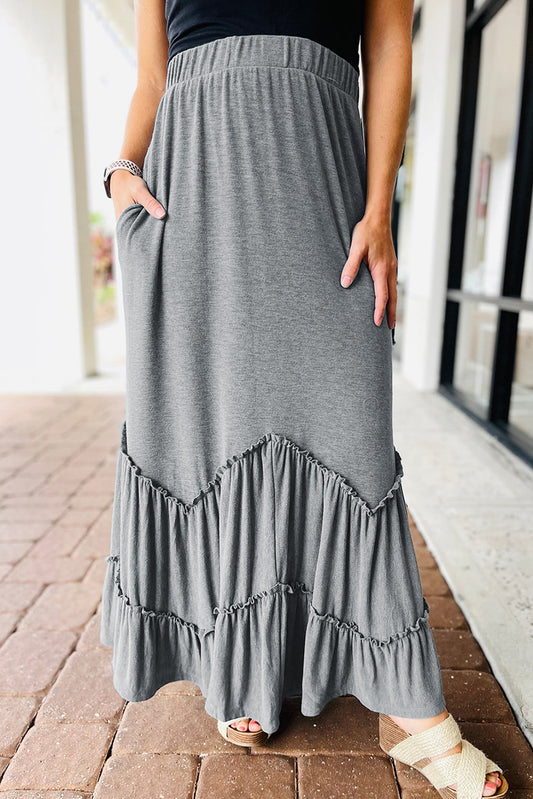 Gray Zig-zag Tiered Maxi Skirt