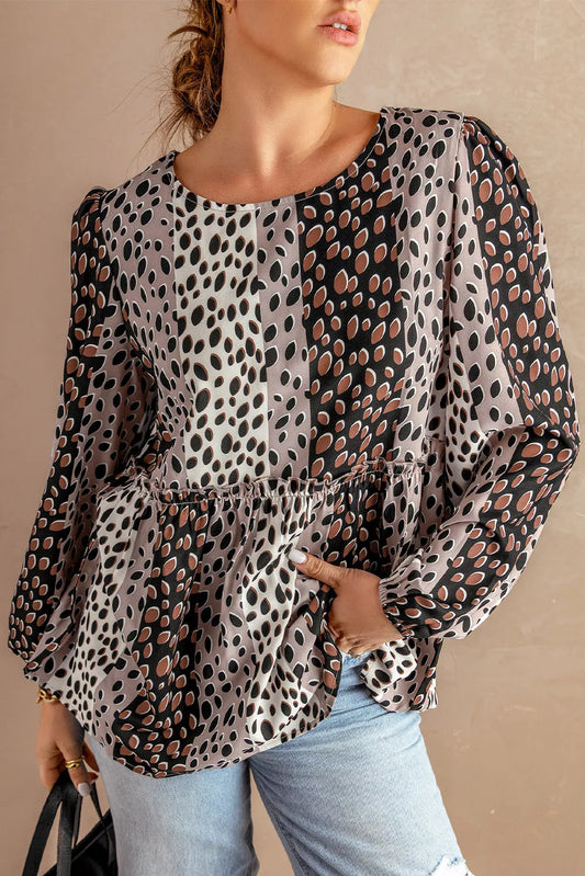Black Polka Dot Print Puff Long Sleeve Babydoll Top