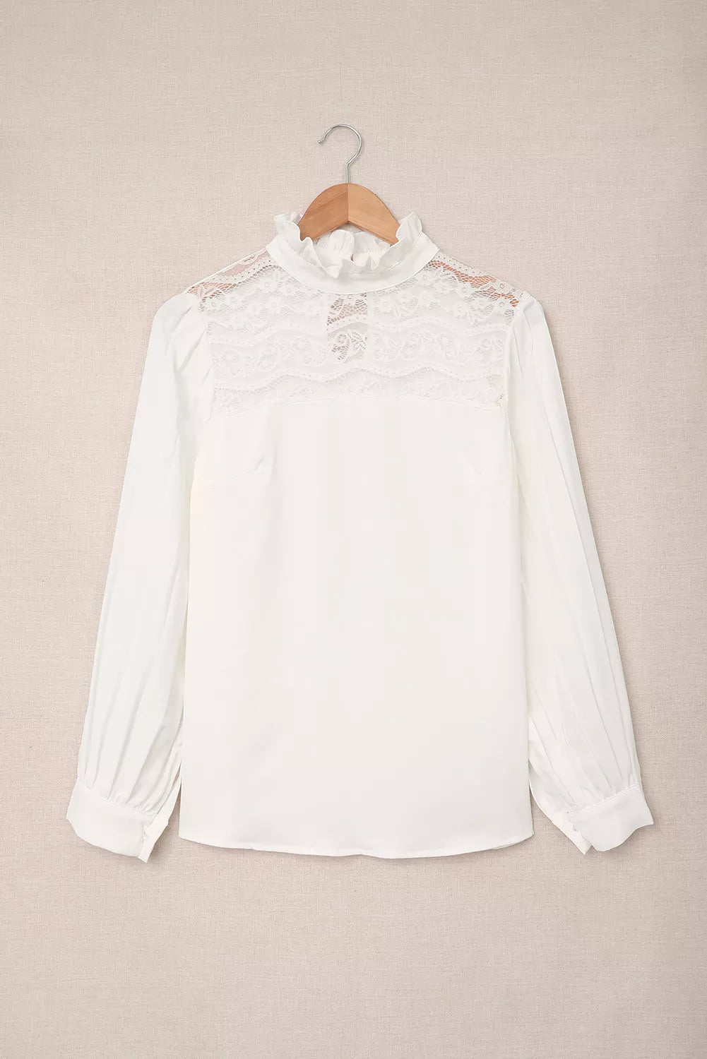 Ruffled Crewneck Lantern Sleeve Splicing Lace Blouse