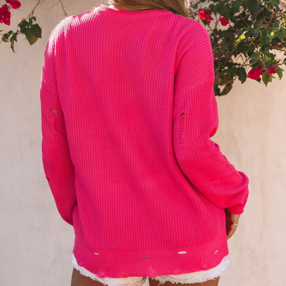 Rose Ripped Long Sleeve Ribbed Sweater