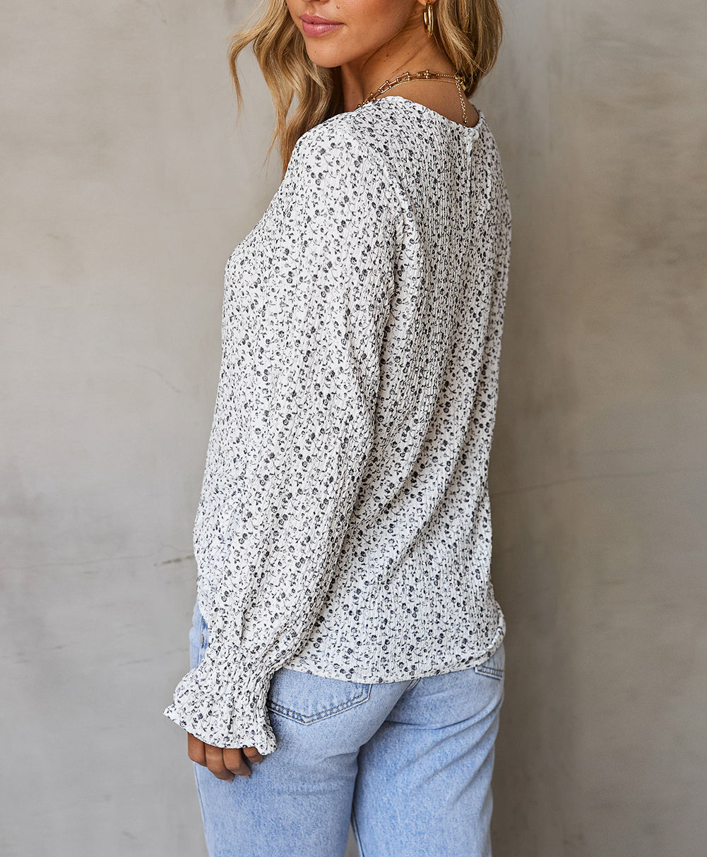 Floral Printed Crinkled Ruffled Bubble Sleeve Blouse