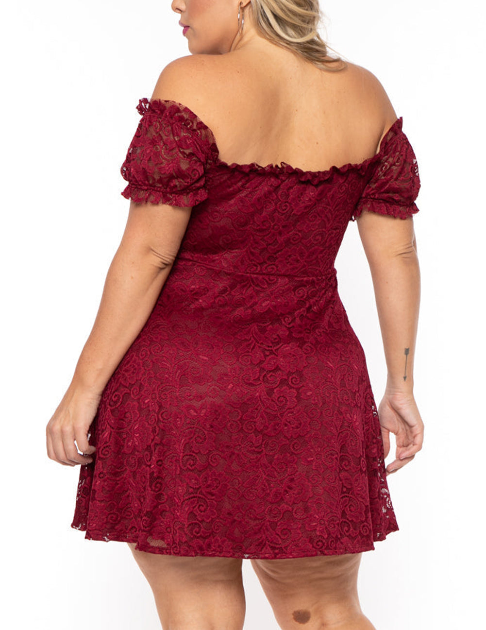 Red Lace Frill Bubble Sleeve Off Shoulder Plus Size Dress