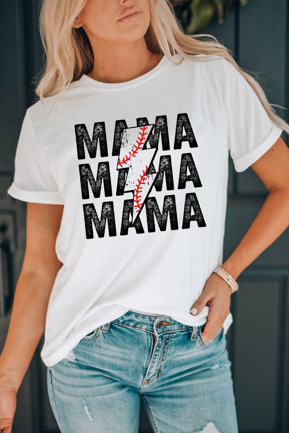 MAMA & Lightening Graphic Round Neck Tee