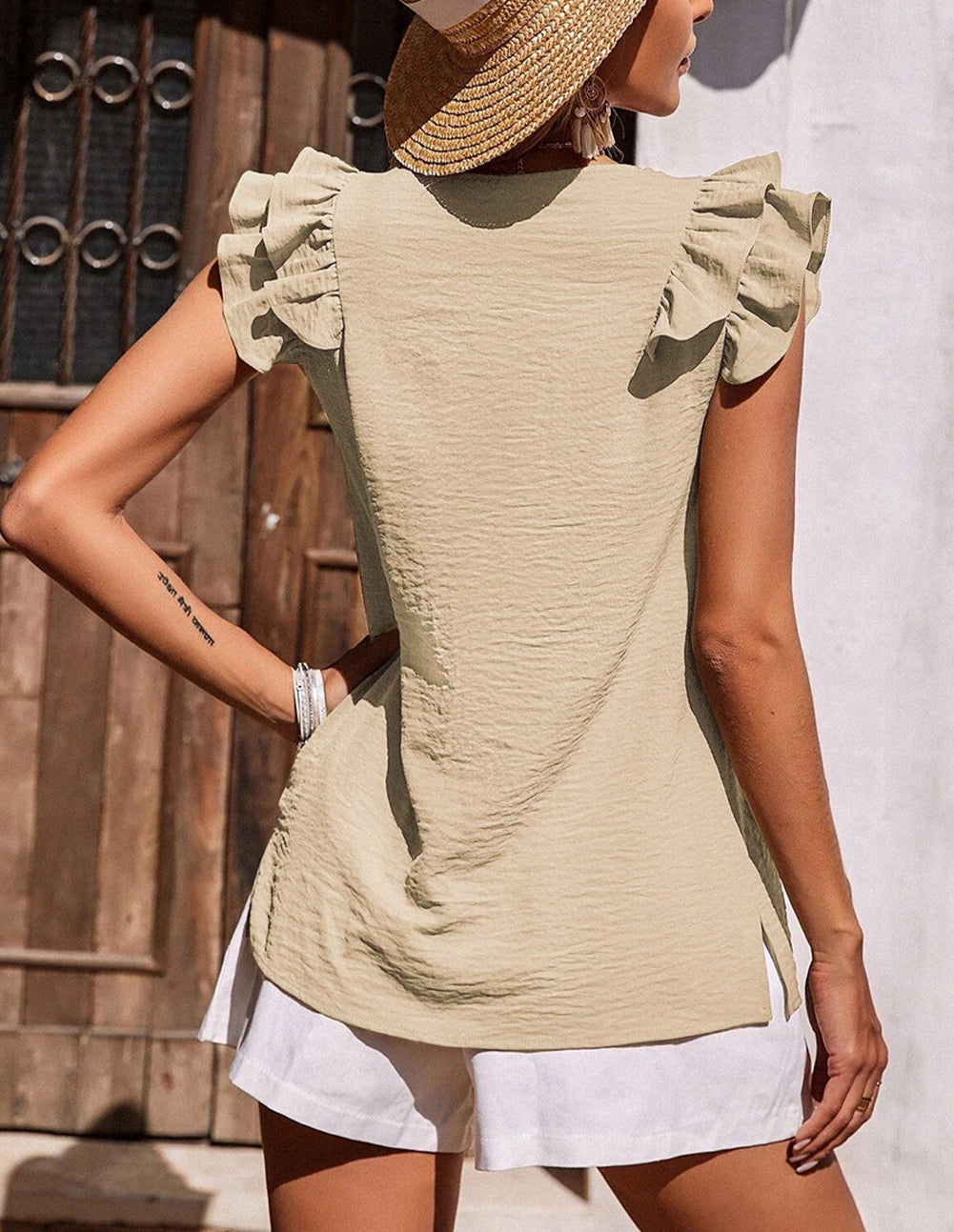 Khaki Ruffle Tiered Sleeve V Neck Tank Top