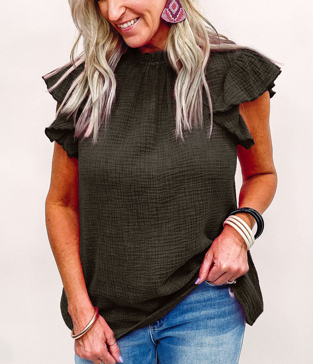 Flutter Sleeve Frilled Neck Textured Blouse