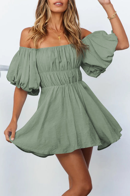 Green Shirred Bubble Sleeve Off Shoulder Babydoll Dress